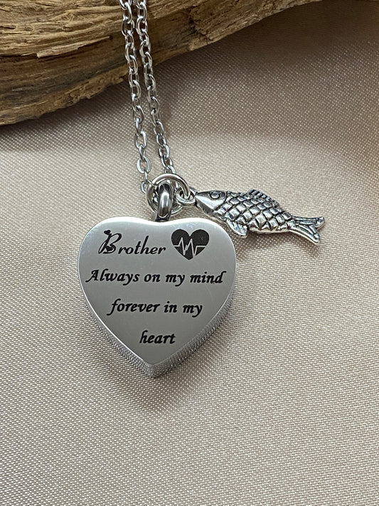 Silver Heart Urn Necklace with 'Brother Always on My Mind Forever in My Heart' Engraved - Loss of Brother Cremation Jewelry