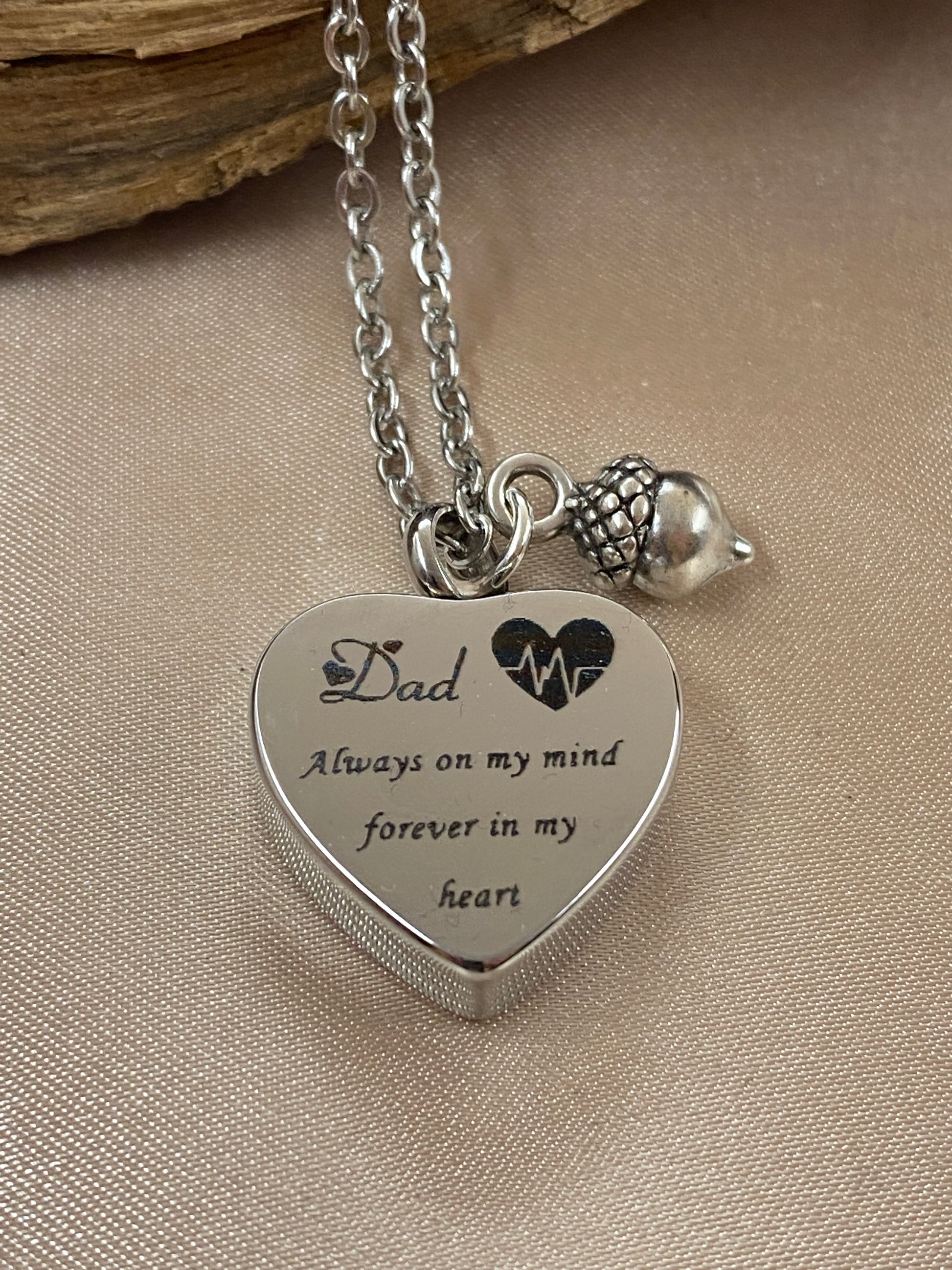 Cremation Heart Urn Necklace – Engraved Silver with Acorn Charm
