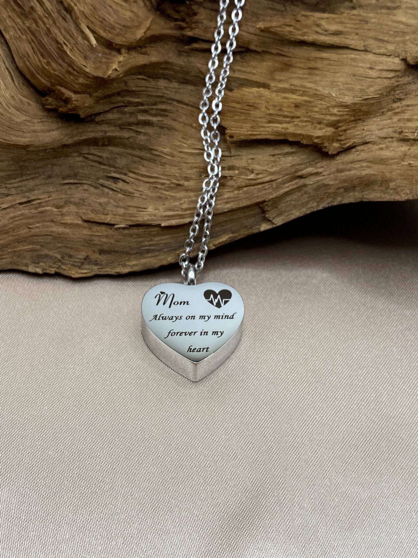 Heart Memorial Urn Necklace - Engraved with 'Mom, Always on My Mind, Forever in My Heart' - Loss of Mother Memorial Jewelry - For Human Ashes - Stainless Steel