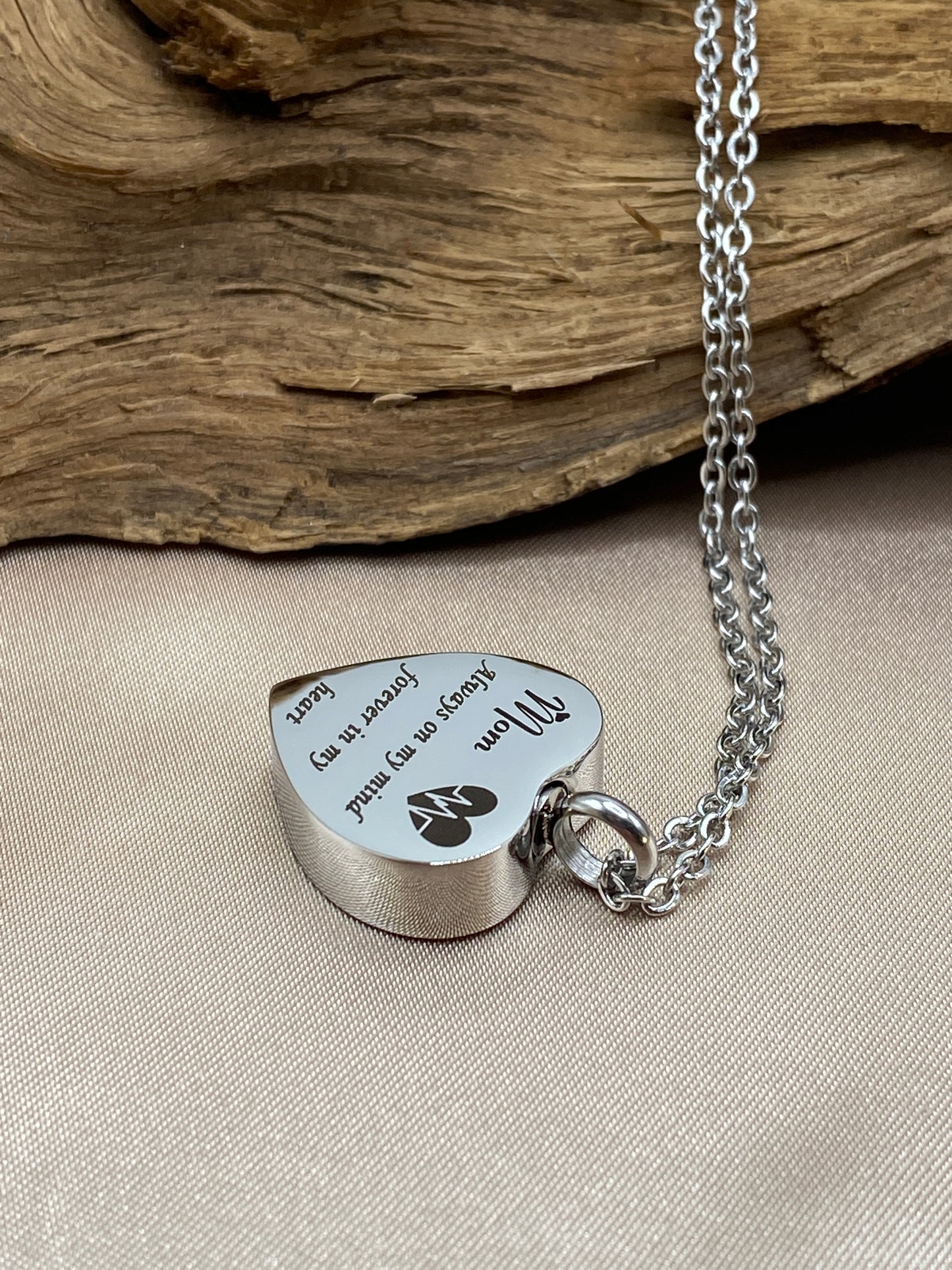 Heart Memorial Urn Necklace - Engraved with 'Mom, Always on My Mind, Forever in My Heart' - Loss of Mother Memorial Jewelry - For Human Ashes - Stainless Steel