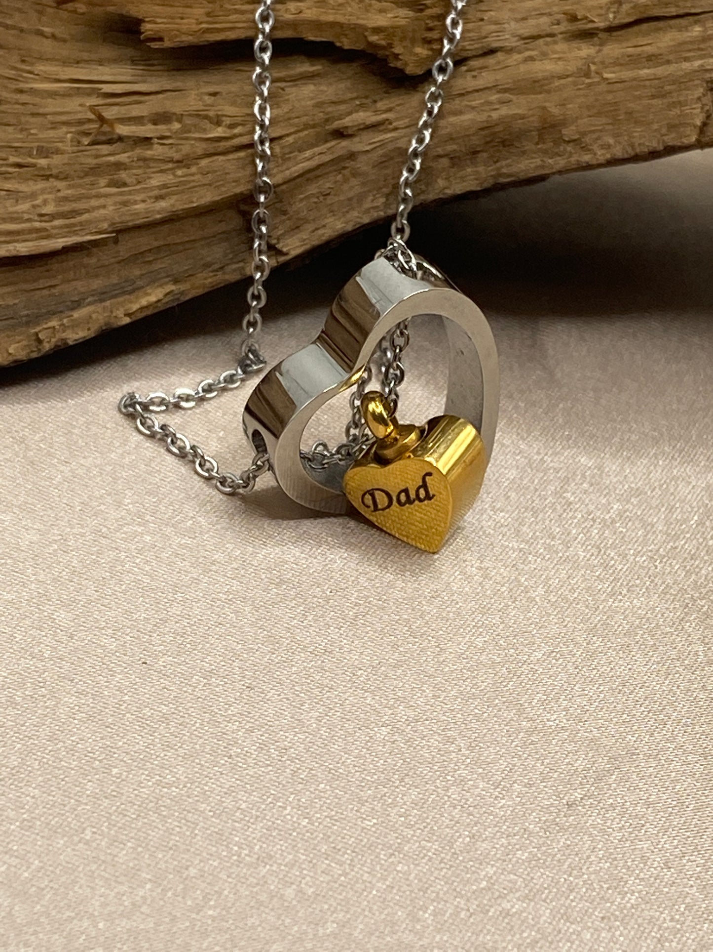Double Heart Cremation Urn Necklace - Silver and Gold Heart with 'Dad' Engraved, Stainless Steel Memorial Jewelry for Men and Women, Loss of Father Remembrance