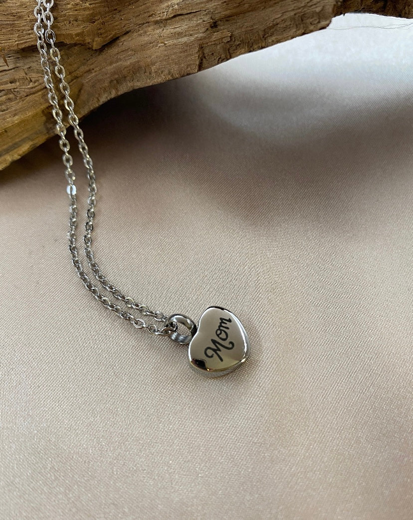 Small Heart Urn Memorial Keychain with 'Mom' Engraved - Personalized Keepsake for Human Ashes, Engravable Stainless Steel Pendant