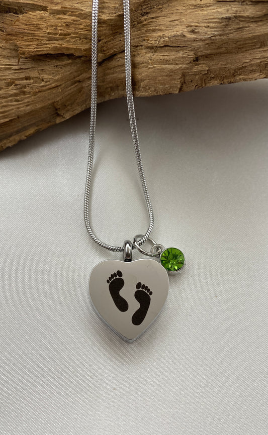 Baby feet cremation heart necklace with bright green stone