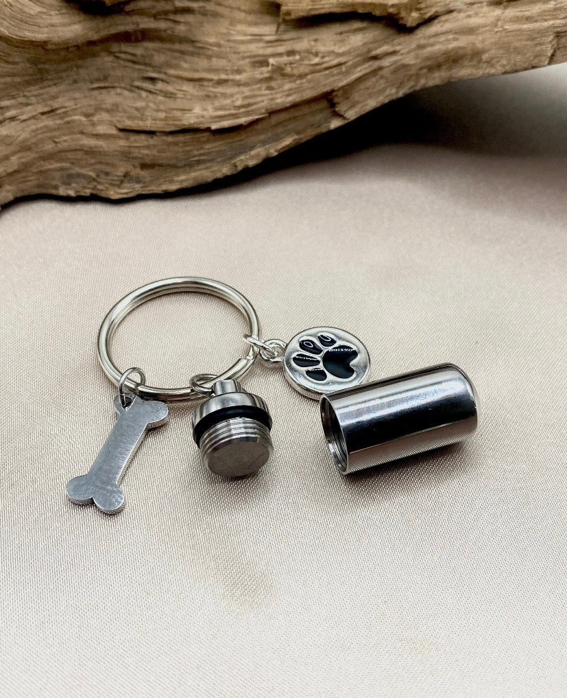 Cherished Pet Memories - Small Cylinder Cremation Urn Keychain - Dog Bone and Paw Print Charm - Engravable Keychain - Loss of Pet