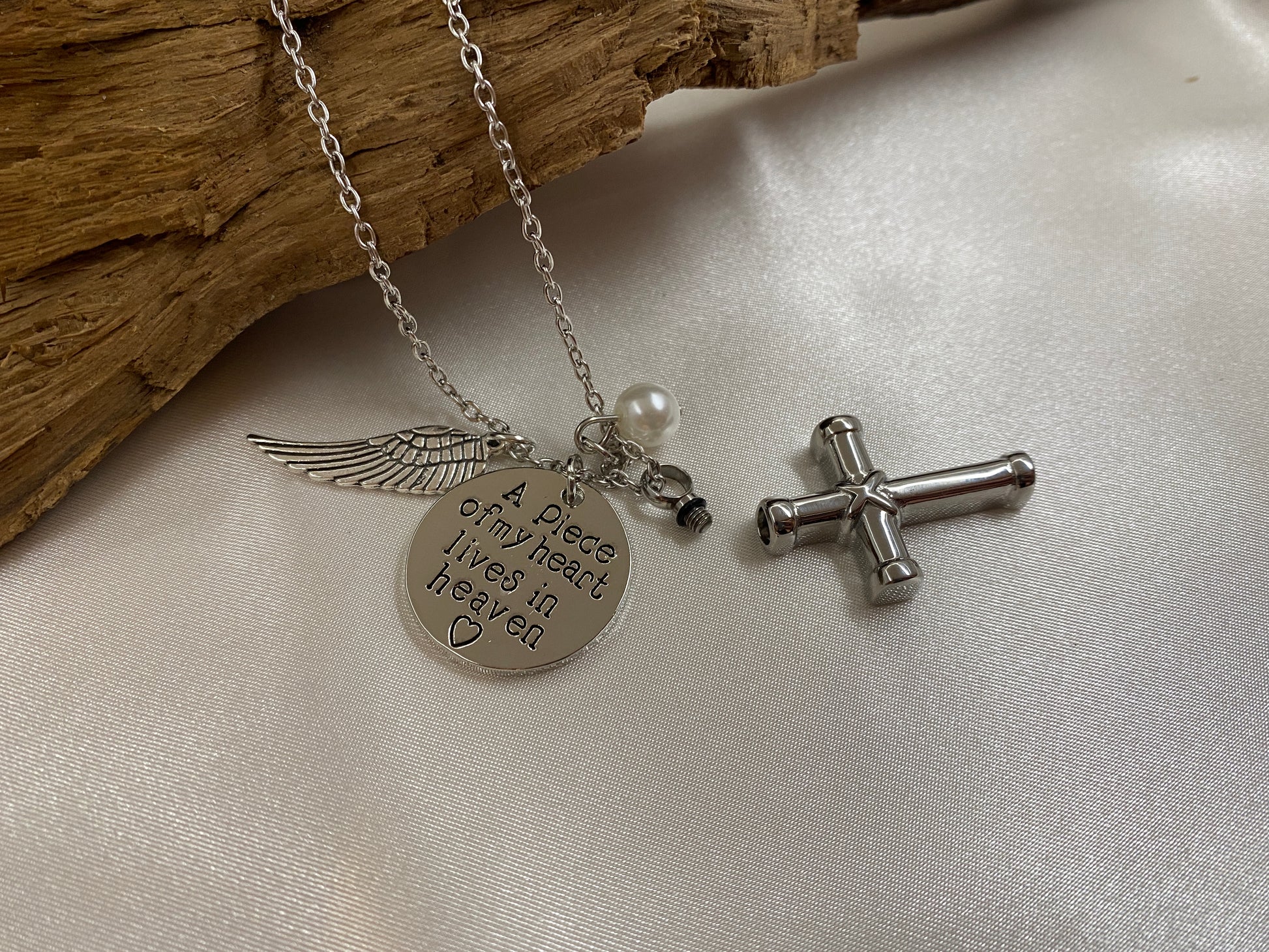 A piece of my heart lives in Heaven charm, pearl and Angel wing charm with cross