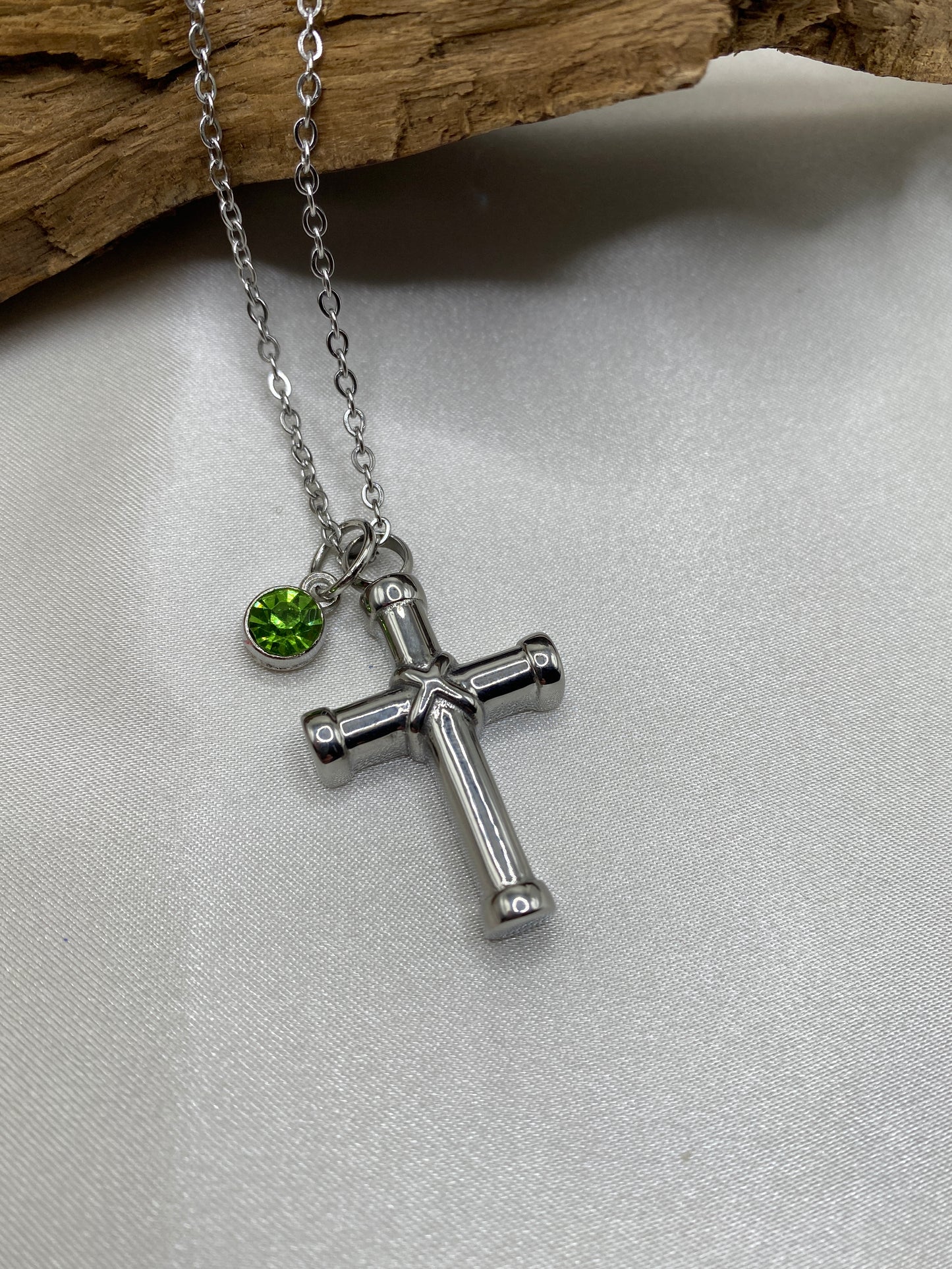 Classic Cross Urn Memorial Necklace with Birth Stone - Personalized Keepsake for Human Ashes, Engravable Stainless Steel Pendant