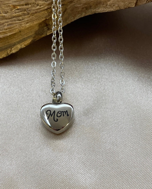 Small Heart Urn Memorial Keychain with 'Mom' Engraved - Personalized Keepsake for Human Ashes, Engravable Stainless Steel Pendant