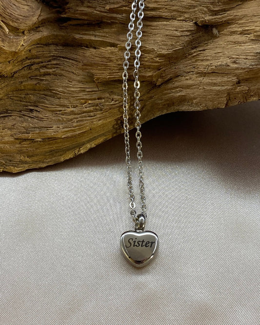 Small and Dainty Silver Heart Cremation Urn Necklace Engraved with 'Sister' - Engravable Cremation Jewelry for Loss of Sister