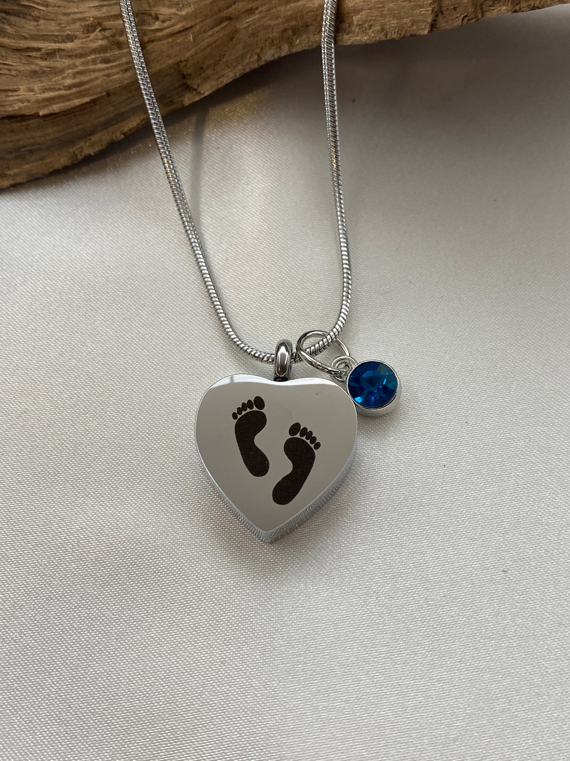 Baby feet cremation heart necklace with ocean blue stone