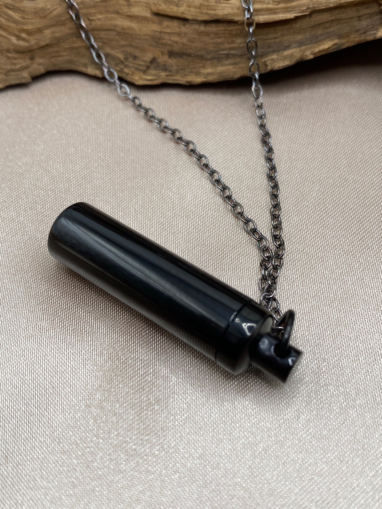 Black stainless steel cremation cylinder necklace