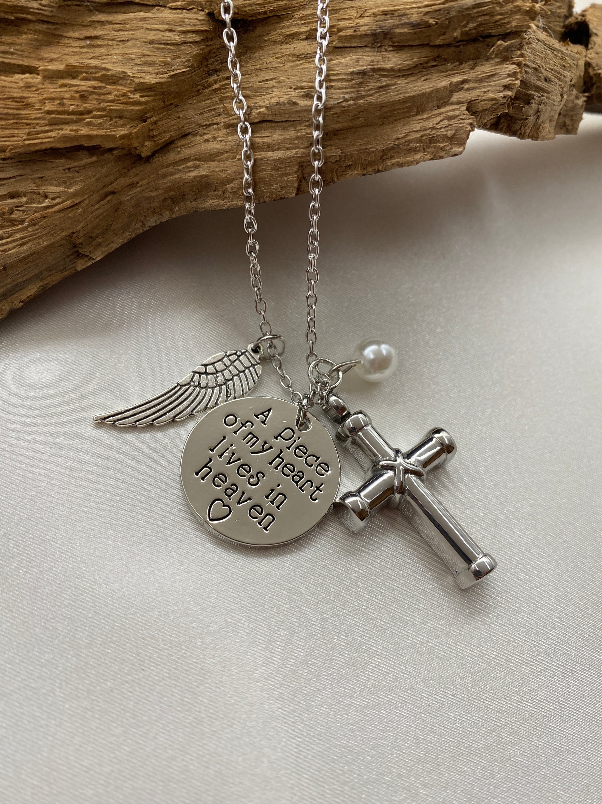 Cremation cross with Angel wing, pearl and inspirational charm