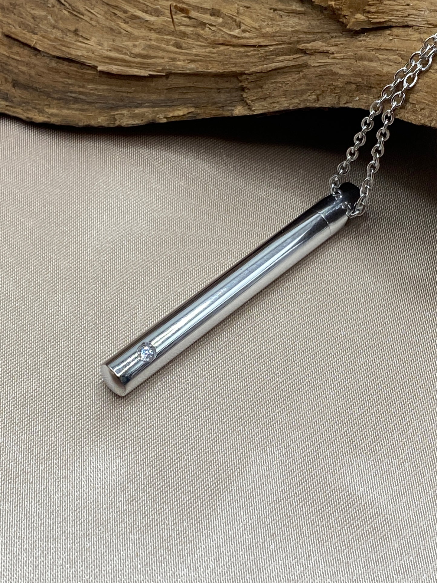 Silver Cylinder Cremation Urn Necklace with Clear Stone - Dainty Stainless Steel Memorial Jewelry for Holding Human or Pet Ashes