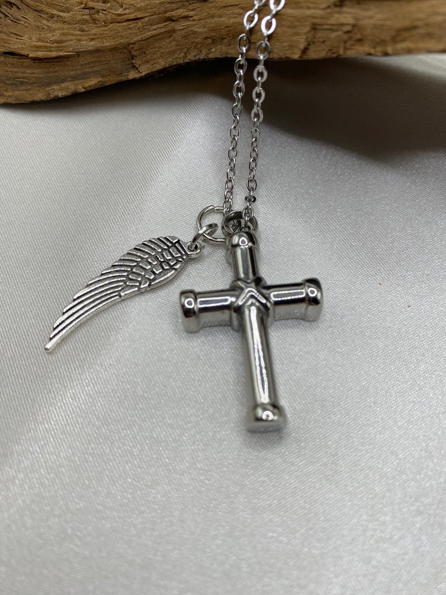 Cremation cross for ashes with Angel wing charm 