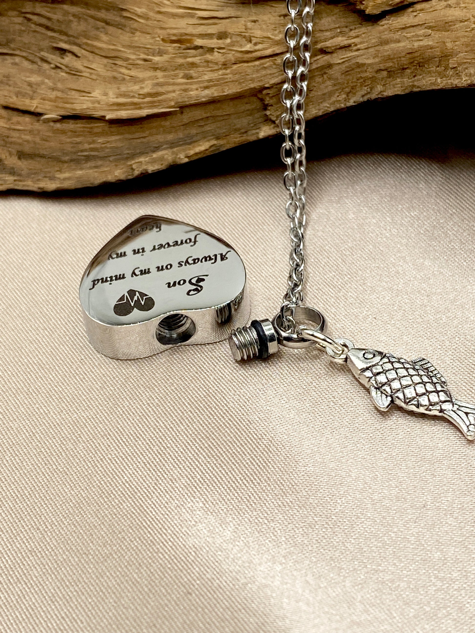 Silver Heart Urn Necklace with 'Son Always On My Mind Forever in My Heart' Engraved - Cremation Jewelry for Loss of Son