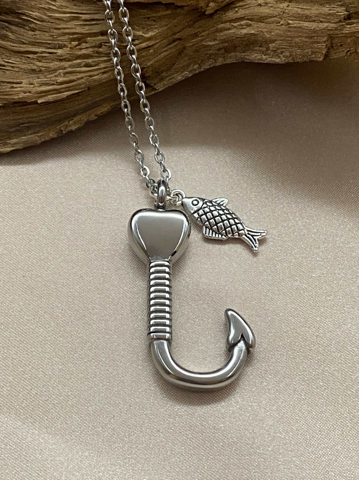 Fish Hook Urn Necklace with Silver Fish Charm - Cremation Pendant, Fishing Men's Jewelry