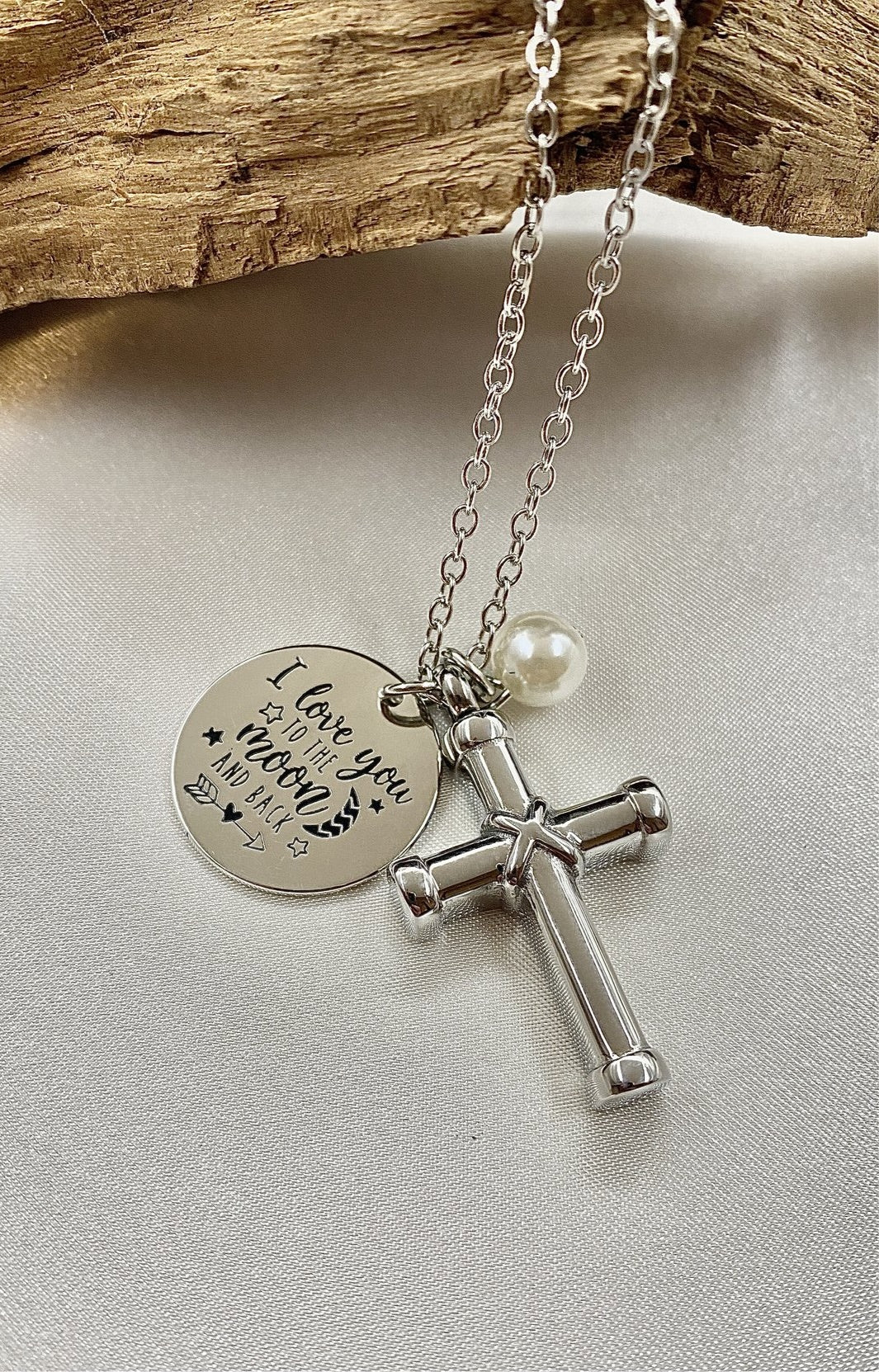 Cremation Cross with I love you to the moon and back charm and pearl