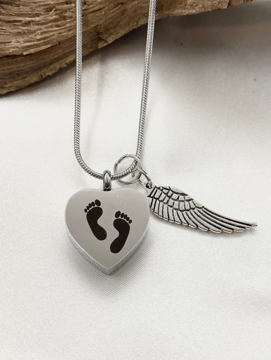 Cremation heart necklace with angel wing charm