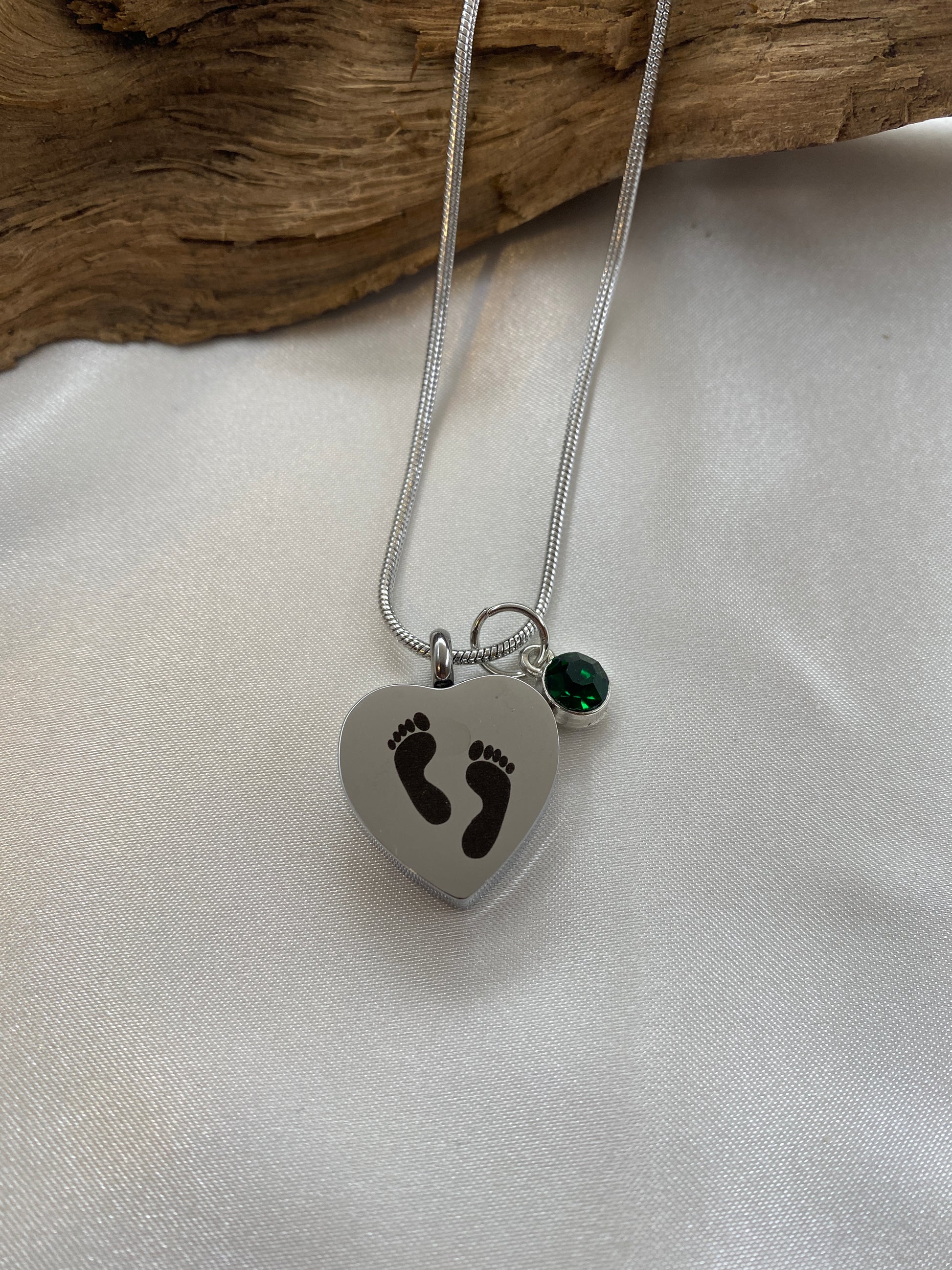 Baby feet cremation heart necklace with hunter green stone