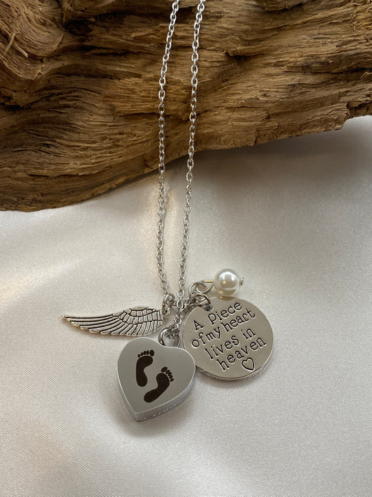 Cremation heart necklace with Angel wing and inspirational charm 