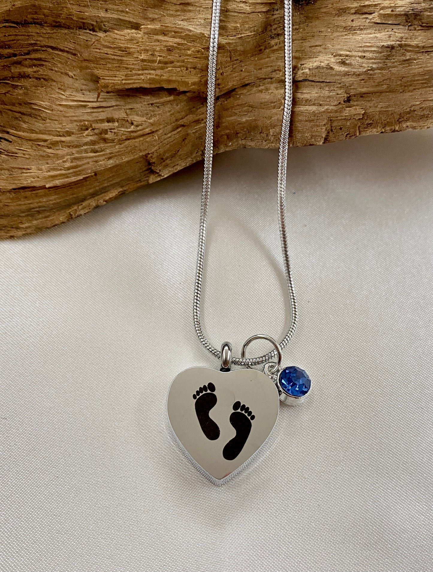 Baby feet cremation heart necklace with aqua blue stone