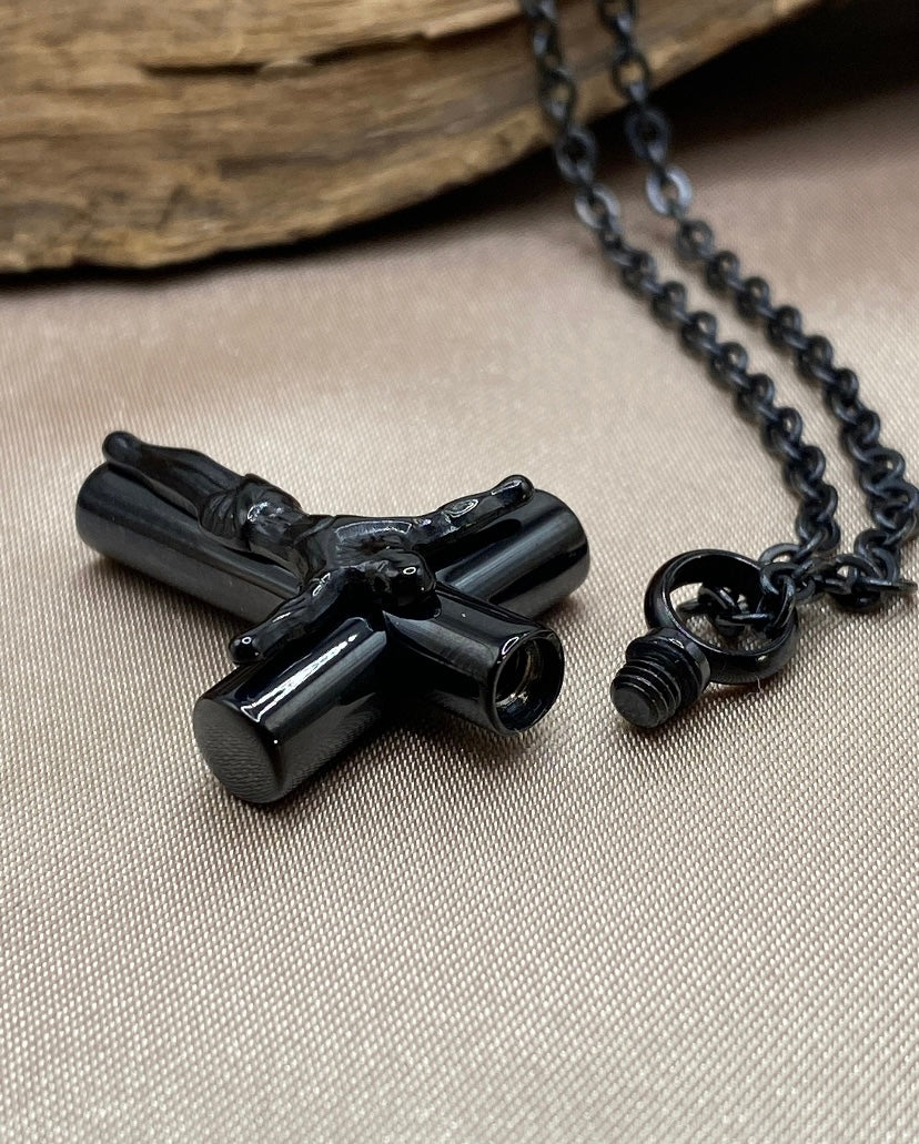 Black Stainless Steel Cremation Urn Cross Necklace with Jesus - A Beautiful Memorial Jewelry for Your Loved One's Ashes - Keep Your Faith Alive