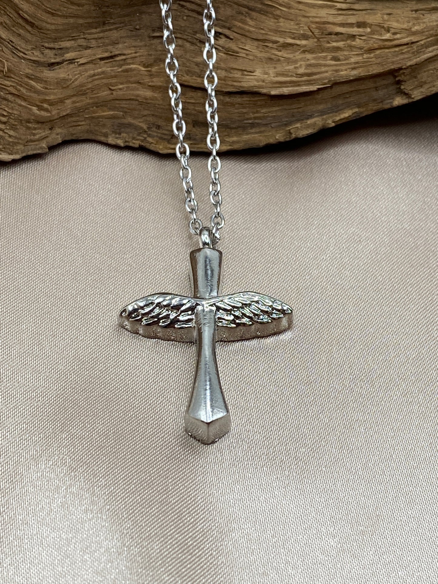 Stainless steel cross cremation pendant with Angel wings