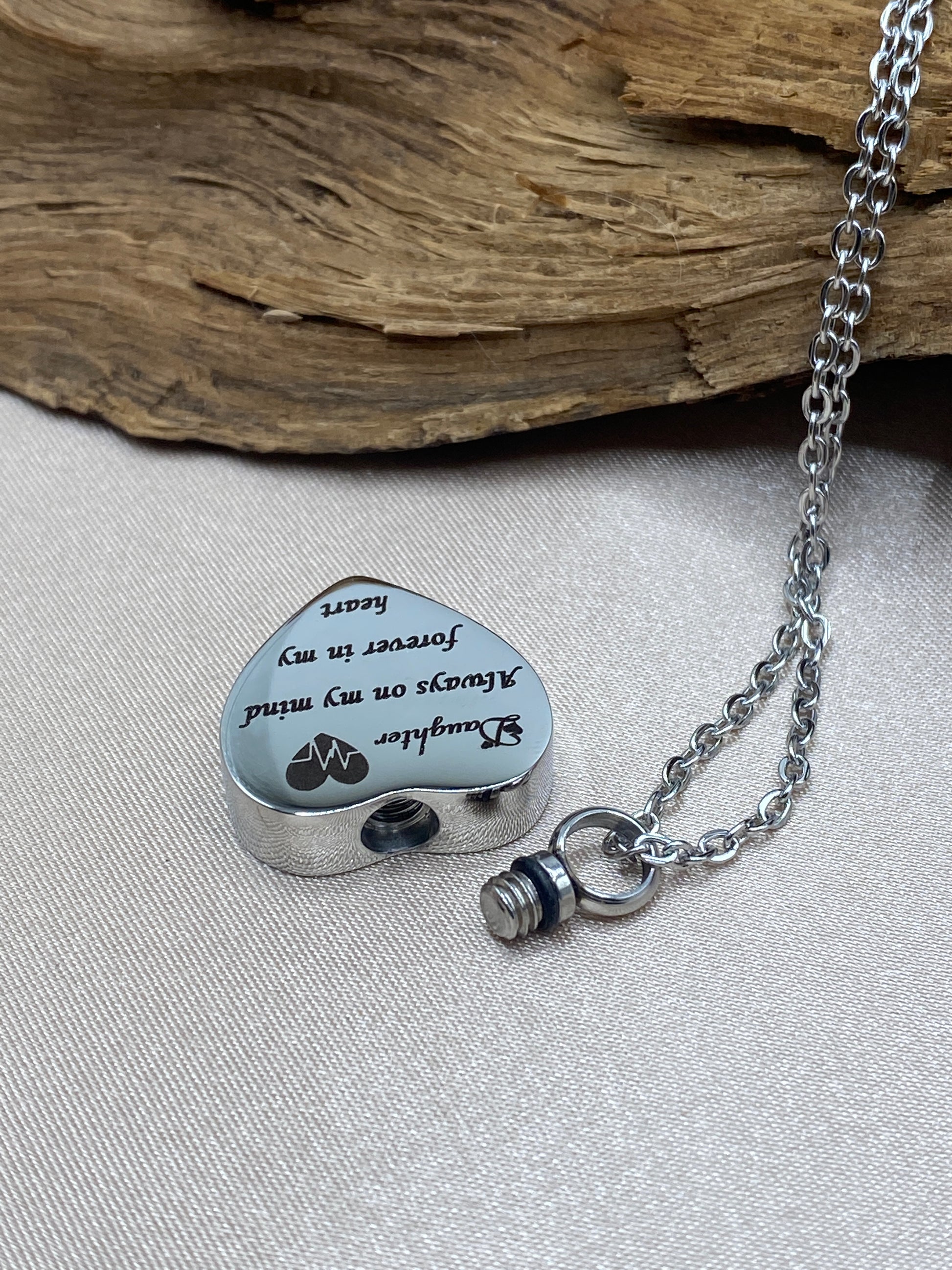 Heart Shaped Cremation Urn Necklace Engraved with 'Daughter Always On My Mind, Forever in My Heart' - Engravable Cremation Jewelry for Loss of