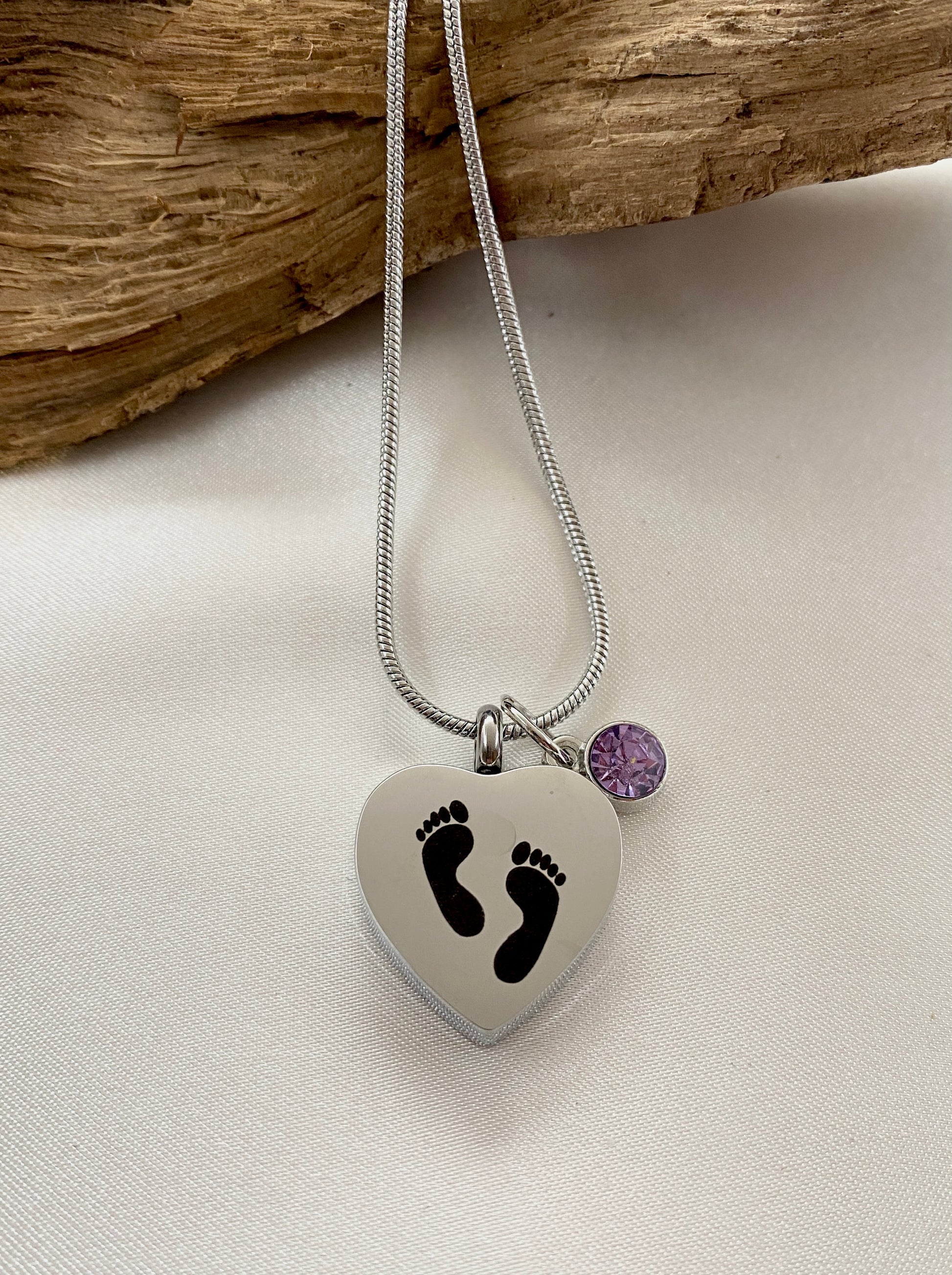 Baby feet cremation heart necklace with violet purple stone