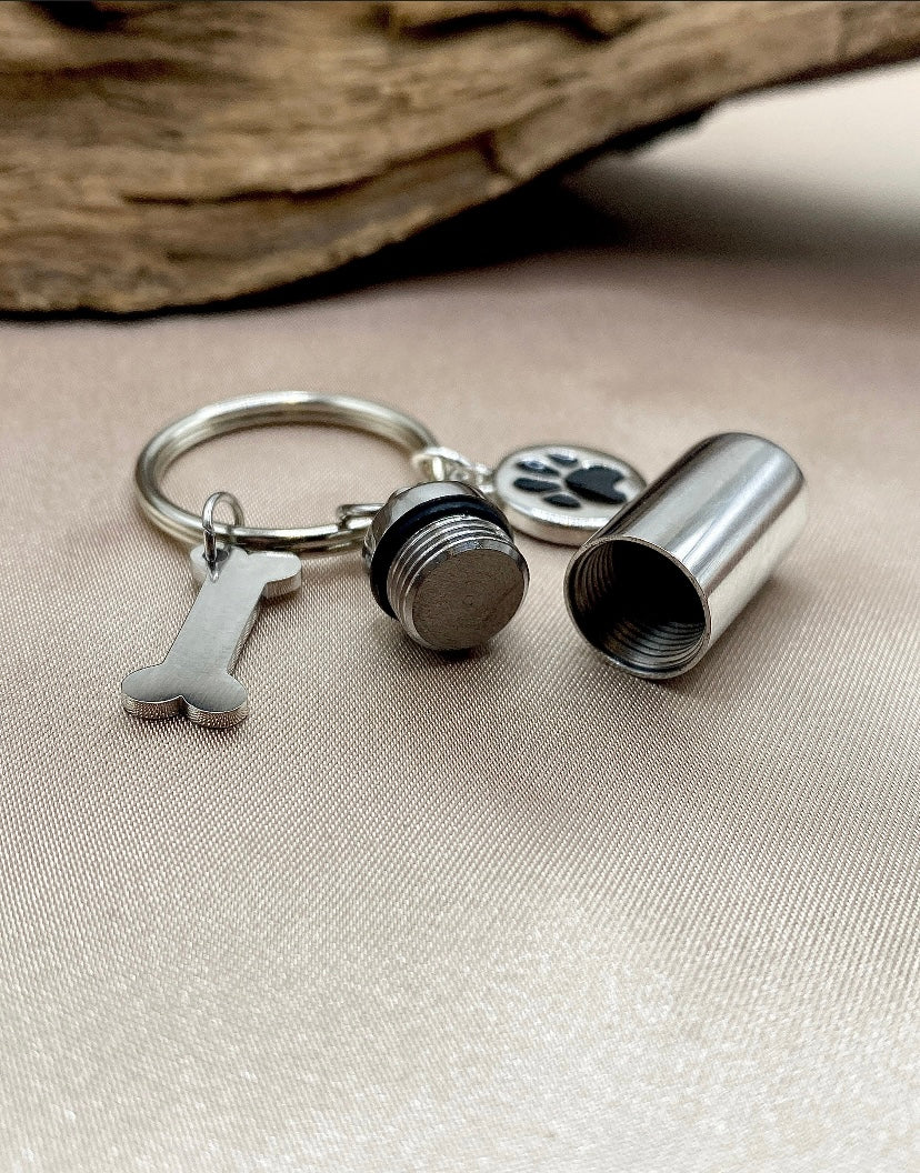 Cherished Pet Memories - Small Cylinder Cremation Urn Keychain - Dog Bone and Paw Print Charm - Engravable Keychain - Loss of Pet